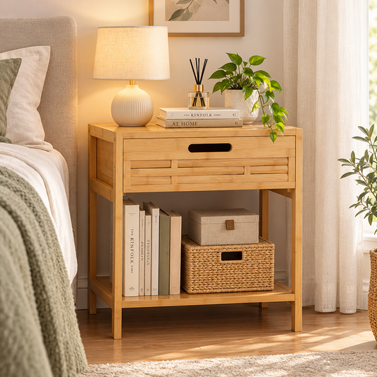 Solid Bamboo Wood Bedside Table with Drawer, Modern Nightstand