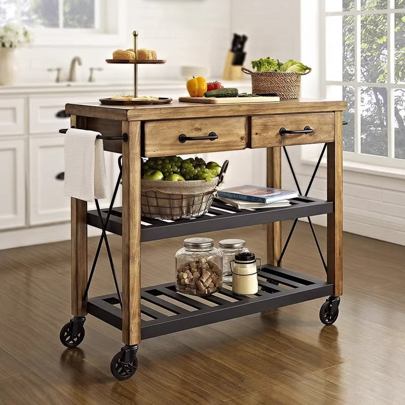 Solid Wood Movable Kitchen Island – Iron Frame Dining Cart with Storage Shelves