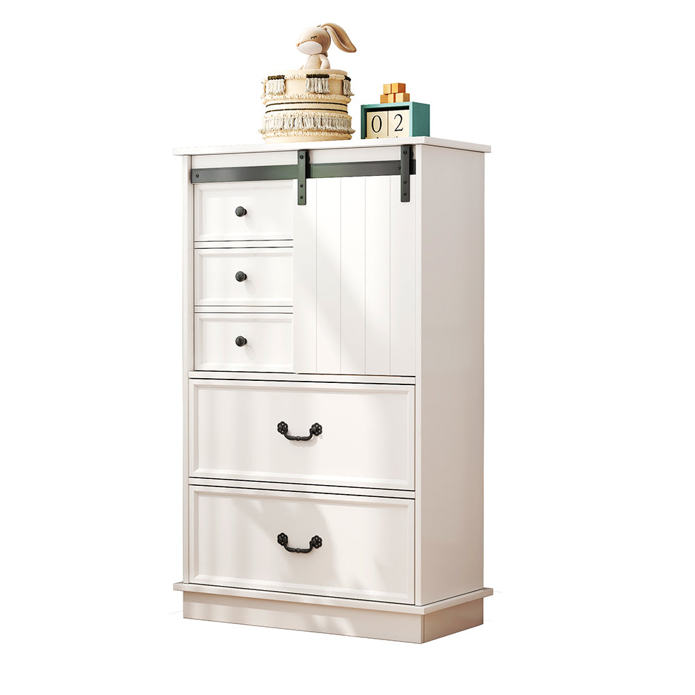 White Storage Cabinet with Sliding Door & 5 Drawers – Adjustable Shelf Dresser for Bedroom or Living Room
