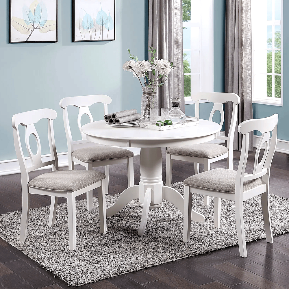5-Piece White Round Dining Set – Classic Rubberwood Table & 4 Cushioned Chairs – Modern Farmhouse Kitchen Furniture