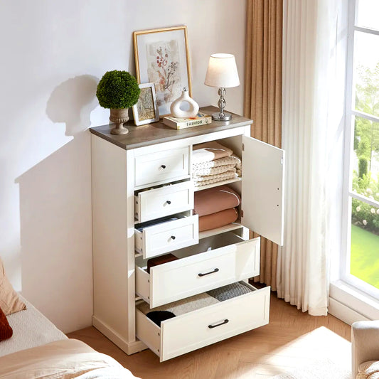 Modern White Storage Cabinet with 5 Drawers & Side Door – Stylish Bedroom Dresser Organizer