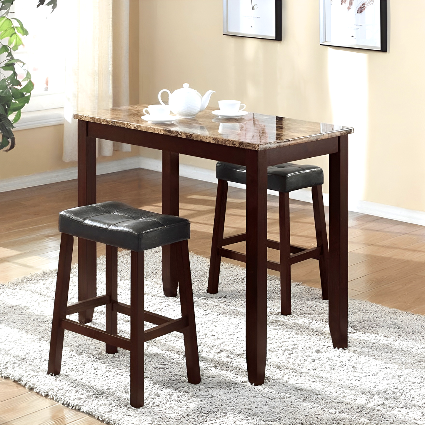 3-Piece Counter Height Dining Set with Faux Marble Table Top & 2 Stools, Espresso Finish – Modern Kitchen or Breakfast Nook Set
