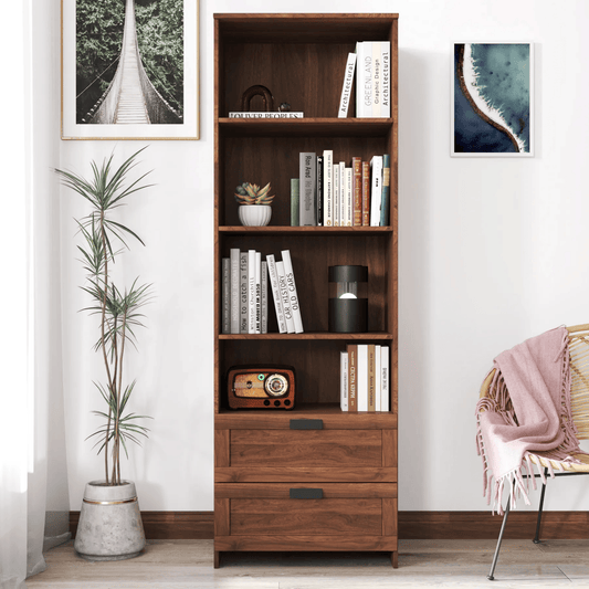 Tall Bookshelf with Drawers – Modern Wood Bookcase, 4-Shelf Storage Cabinet for Home Office, Living Room, or Study