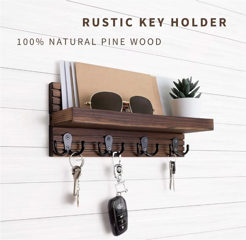 Wall Mounted Key Holder & Mail Organizer – 100% Natural Pine Wood Entryway Shelf with Hooks for Keys, Mail, Sunglasses & Home Decor