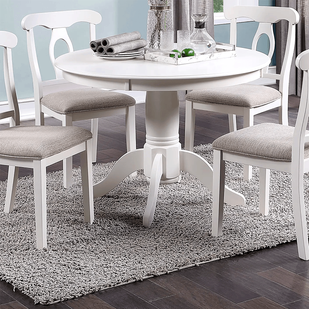 5-Piece White Round Dining Set – Classic Rubberwood Table & 4 Cushioned Chairs – Modern Farmhouse Kitchen Furniture