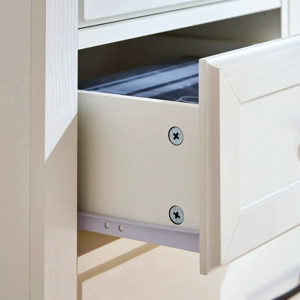 Modern White Storage Cabinet with 5 Drawers & Side Door – Stylish Bedroom Dresser Organizer