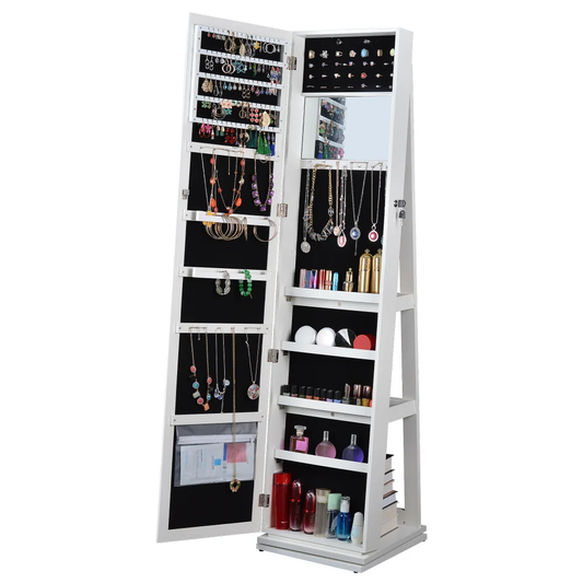 Full Length Mirror Jewelry Cabinet – 360° Swivel Standing Armoire with Storage, Shelves and Lock