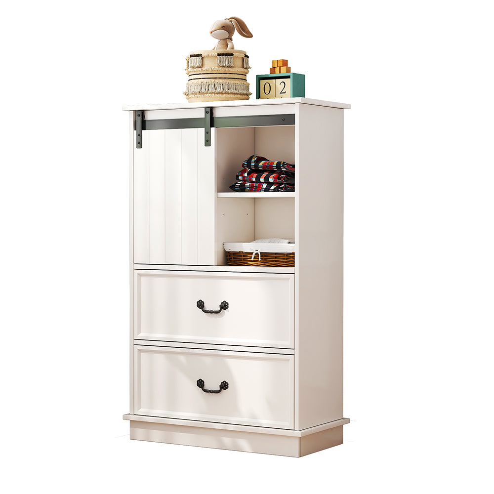 White Storage Cabinet with Sliding Door & 5 Drawers – Adjustable Shelf Dresser for Bedroom or Living Room