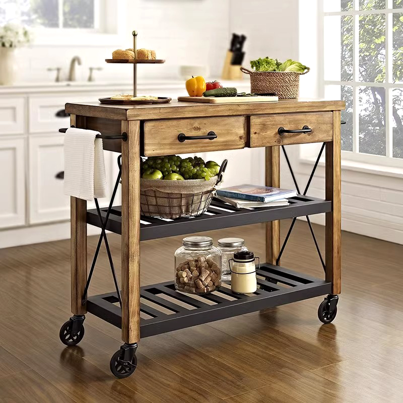 Solid Wood Movable Kitchen Island – Iron Frame Dining Cart with Storage Shelves