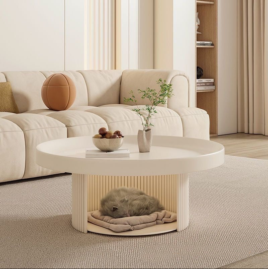 Modern Round Coffee Table with Built-In Pet Bed – 75cm French Retro Style Low Table for Living Room