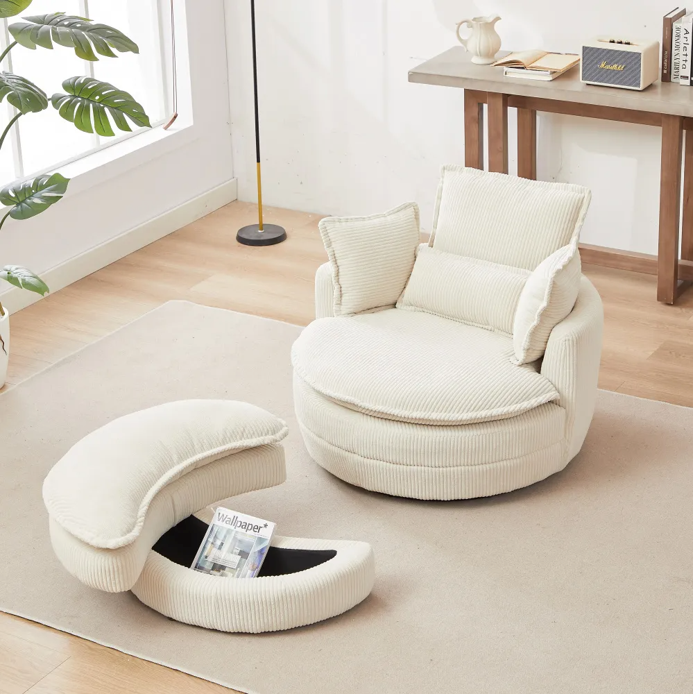 Modern Corduroy Swivel Lounge Chair with Hidden Moon Storage – 5 Color Options
