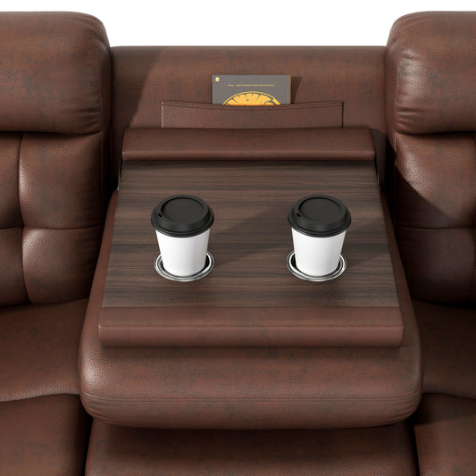 Genuine Leather Manual Reclining 3-Seater Sofa with Drop-Down Table, Cup Holders & Storage