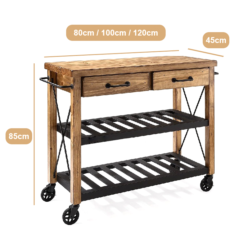 Solid Wood Movable Kitchen Island – Iron Frame Dining Cart with Storage Shelves