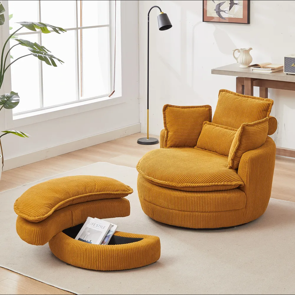 Modern Corduroy Swivel Lounge Chair with Hidden Moon Storage – 5 Color Options