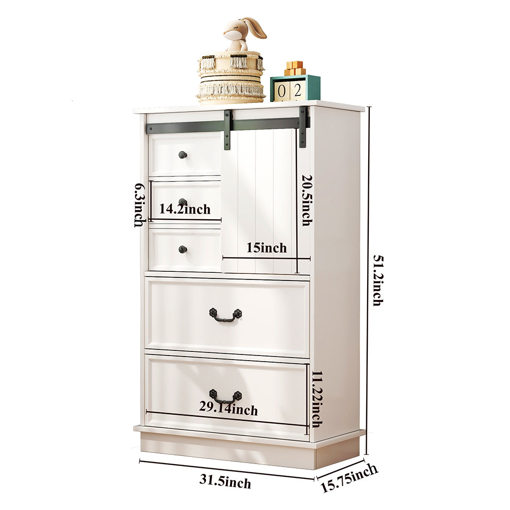 White Storage Cabinet with Sliding Door & 5 Drawers – Adjustable Shelf Dresser for Bedroom or Living Room