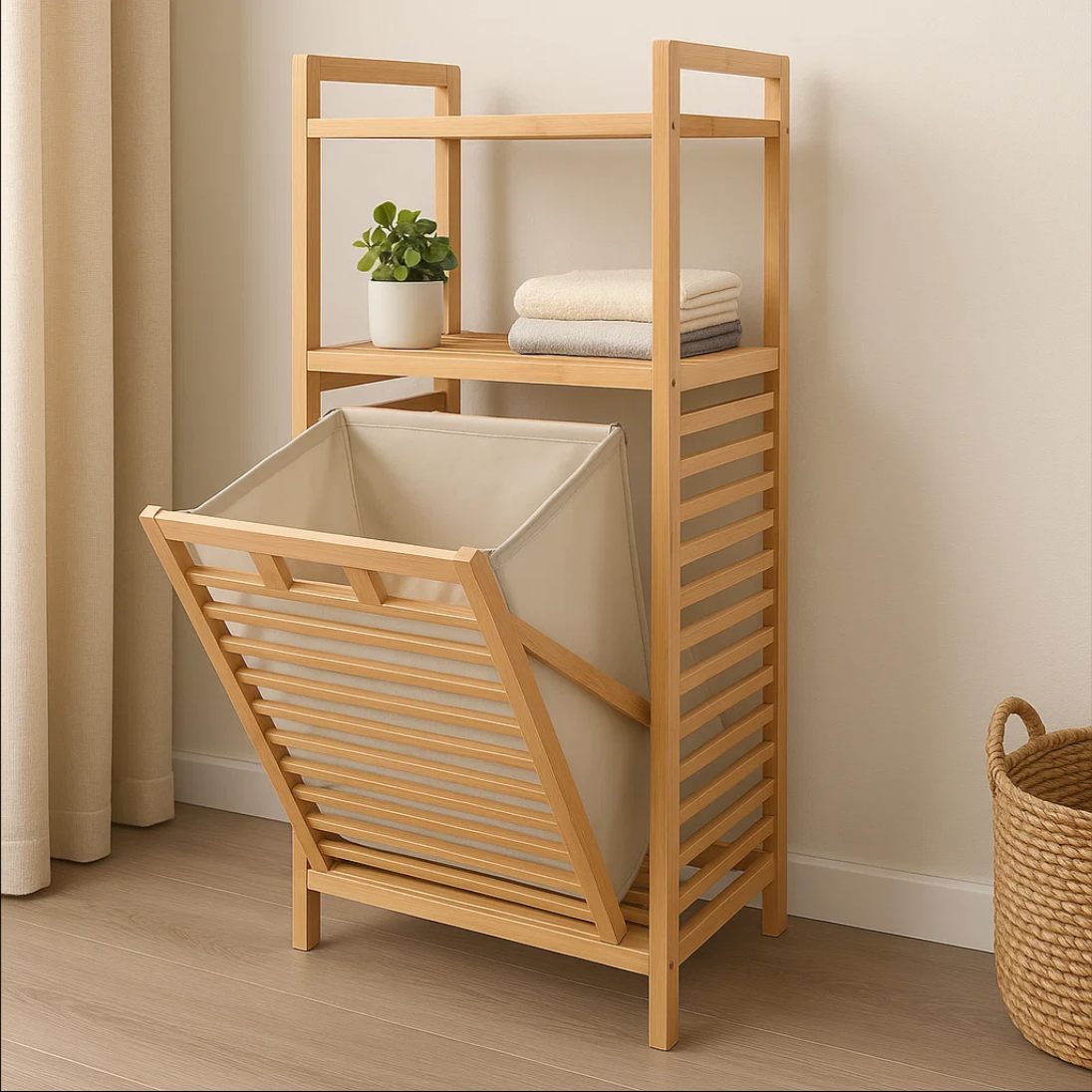 Laundry Storage Cabinet – Multi-Layer Bamboo Basket Organizer