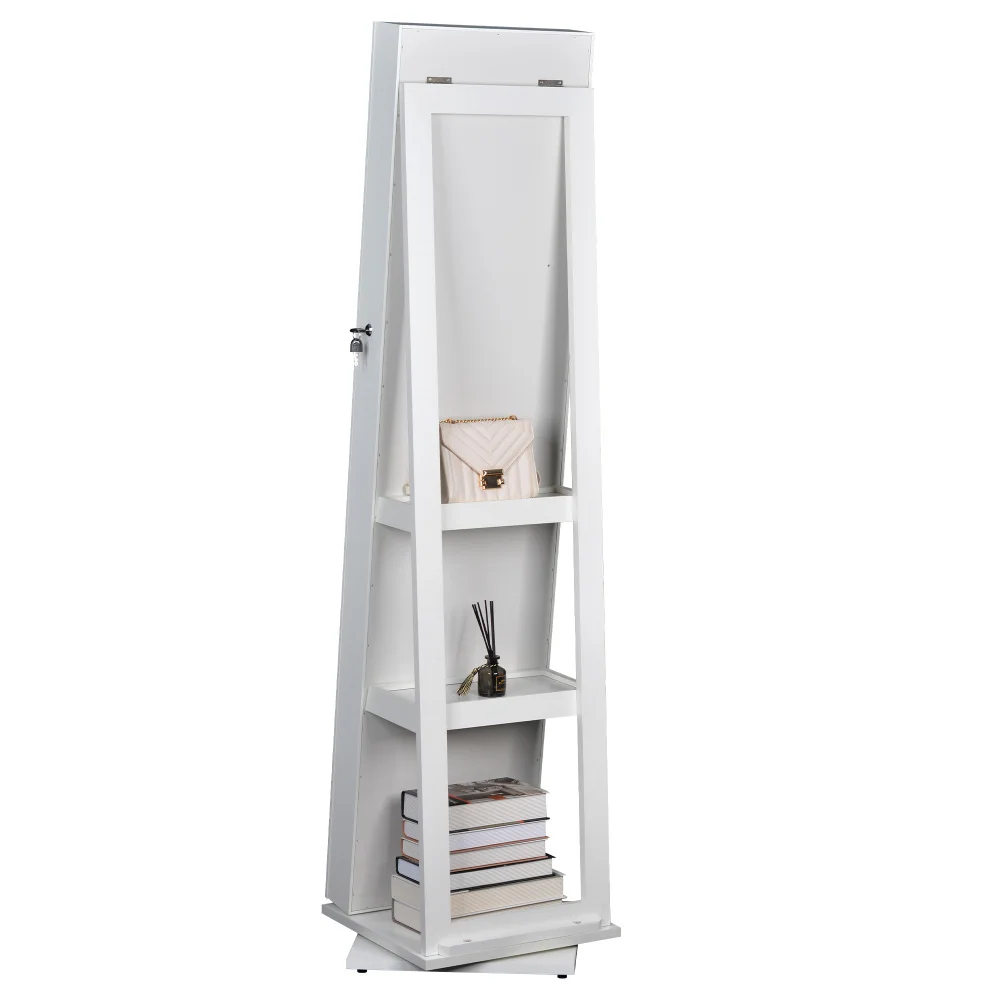 Full Length Mirror Jewelry Cabinet – 360° Swivel Standing Armoire with Storage, Shelves and Lock