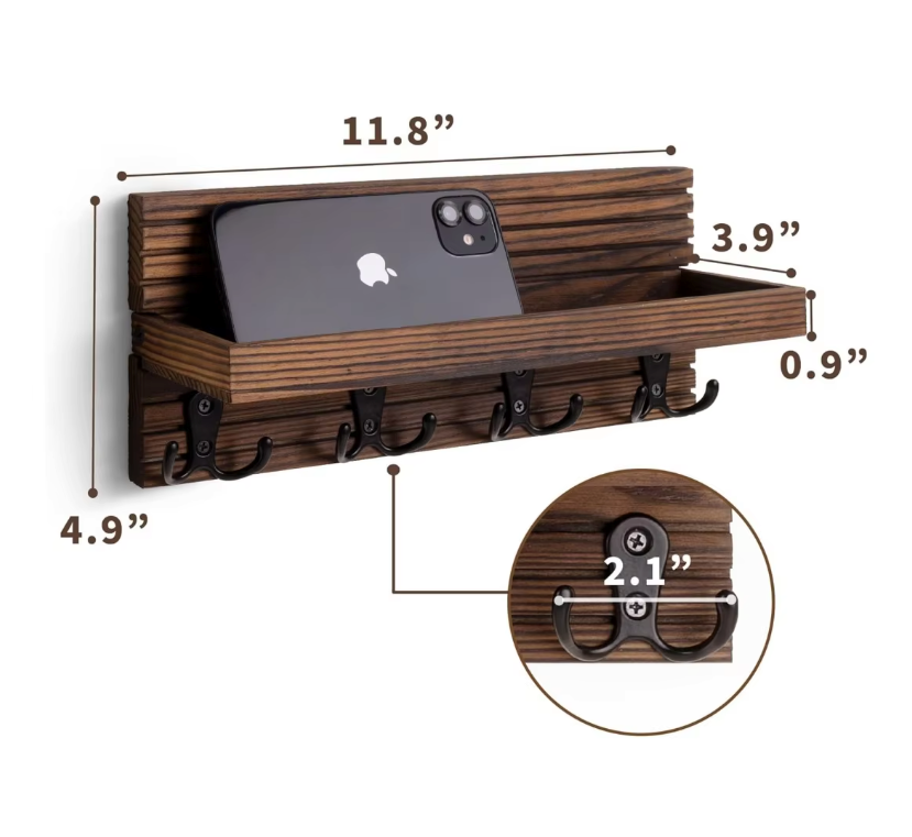 Wall Mounted Key Holder & Mail Organizer – 100% Natural Pine Wood Entryway Shelf with Hooks for Keys, Mail, Sunglasses & Home Decor