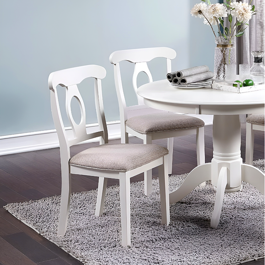 5-Piece White Round Dining Set – Classic Rubberwood Table & 4 Cushioned Chairs – Modern Farmhouse Kitchen Furniture