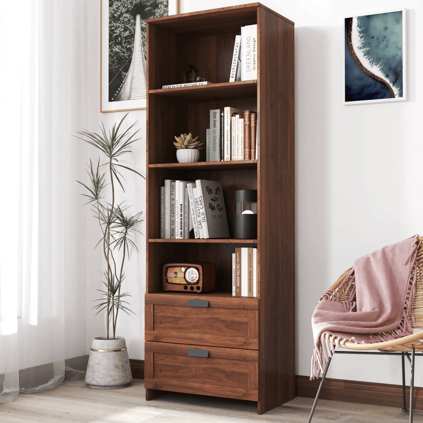 Tall Bookshelf with Drawers – Modern Wood Bookcase, 4-Shelf Storage Cabinet for Home Office, Living Room, or Study