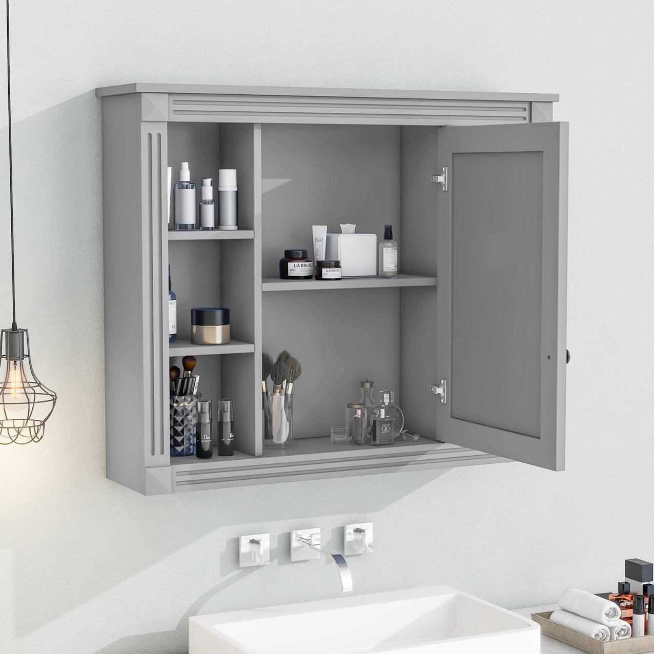 Wall Mounted Bathroom Storage Cabinet with Mirror – 8-Compartment Organizer for Toiletries & Essentials