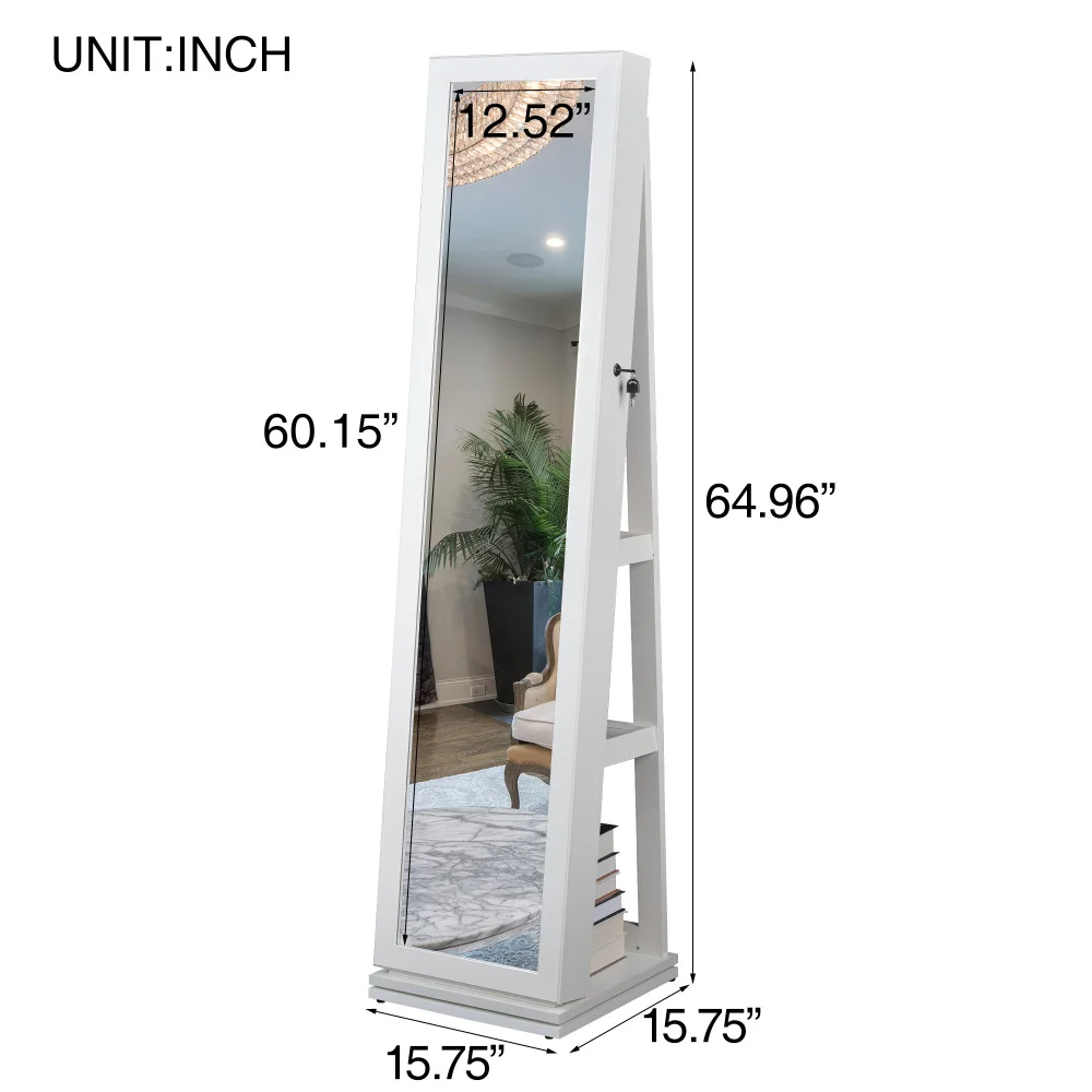 Full Length Mirror Jewelry Cabinet – 360° Swivel Standing Armoire with Storage, Shelves and Lock