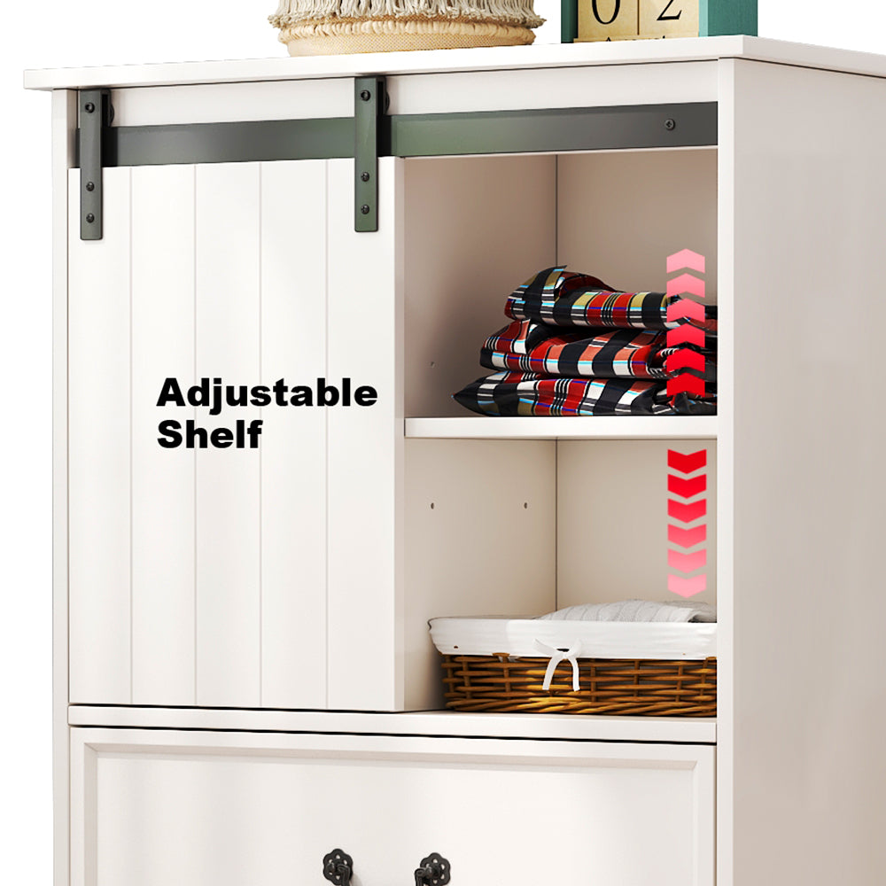 White Storage Cabinet with Sliding Door & 5 Drawers – Adjustable Shelf Dresser for Bedroom or Living Room