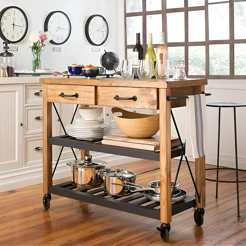 Solid Wood Movable Kitchen Island – Iron Frame Dining Cart with Storage Shelves