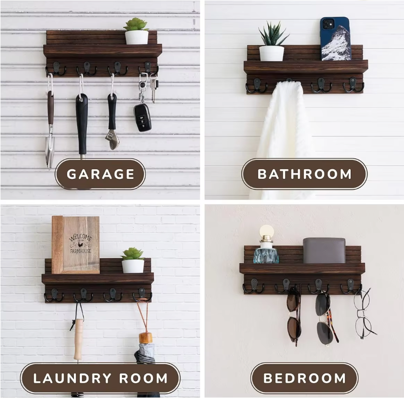 Wall Mounted Key Holder & Mail Organizer – 100% Natural Pine Wood Entryway Shelf with Hooks for Keys, Mail, Sunglasses & Home Decor