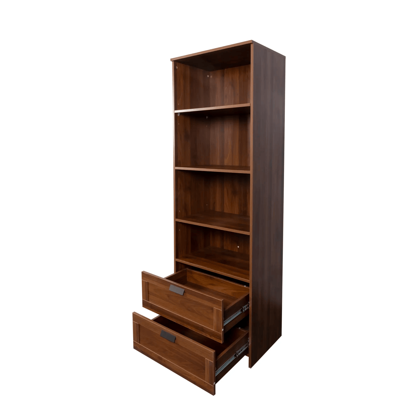 Tall Bookshelf with Drawers – Modern Wood Bookcase, 4-Shelf Storage Cabinet for Home Office, Living Room, or Study