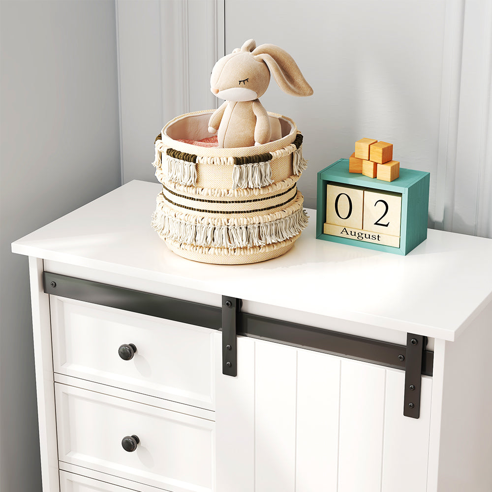 White Storage Cabinet with Sliding Door & 5 Drawers – Adjustable Shelf Dresser for Bedroom or Living Room