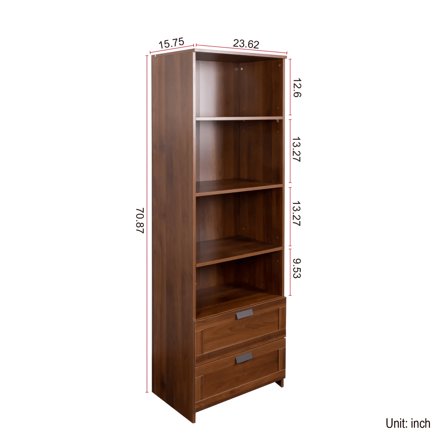 Tall Bookshelf with Drawers – Modern Wood Bookcase, 4-Shelf Storage Cabinet for Home Office, Living Room, or Study