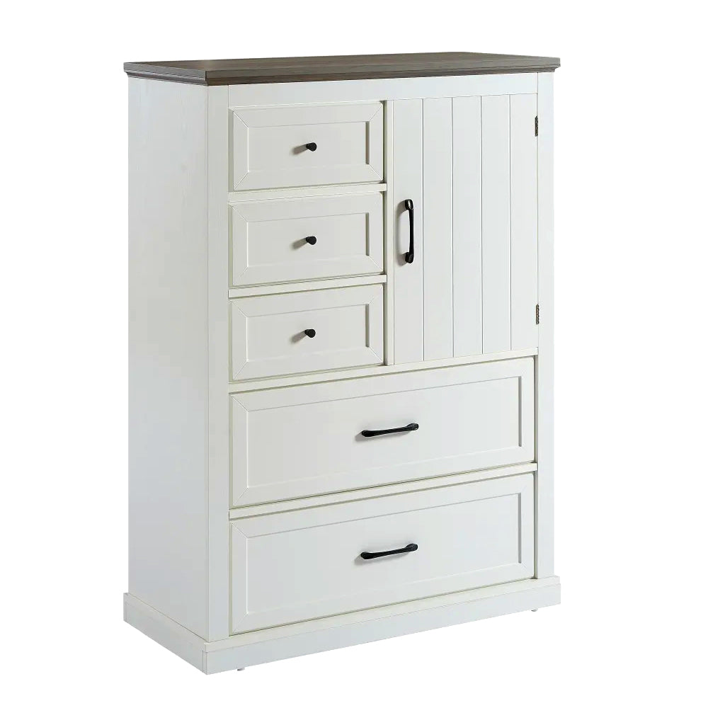 Modern White Storage Cabinet with 5 Drawers & Side Door – Stylish Bedroom Dresser Organizer