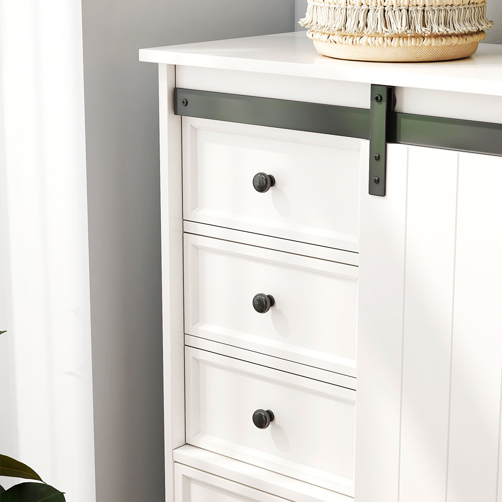 White Storage Cabinet with Sliding Door & 5 Drawers – Adjustable Shelf Dresser for Bedroom or Living Room