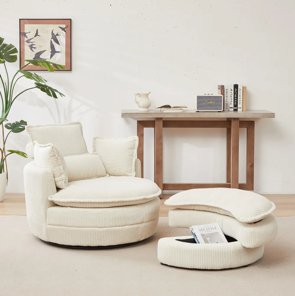 Modern Corduroy Swivel Lounge Chair with Hidden Moon Storage – 5 Color Options