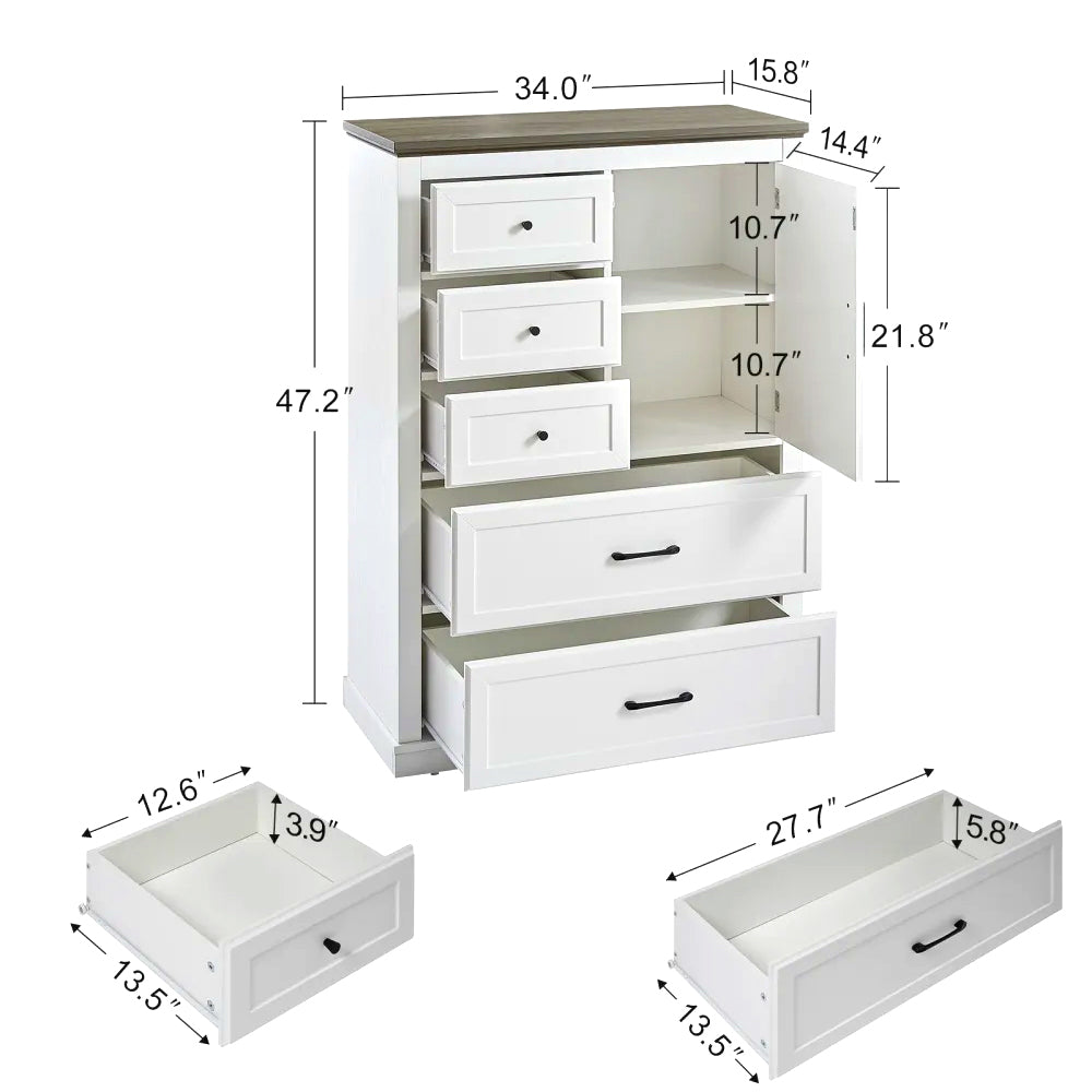 Modern White Storage Cabinet with 5 Drawers & Side Door – Stylish Bedroom Dresser Organizer