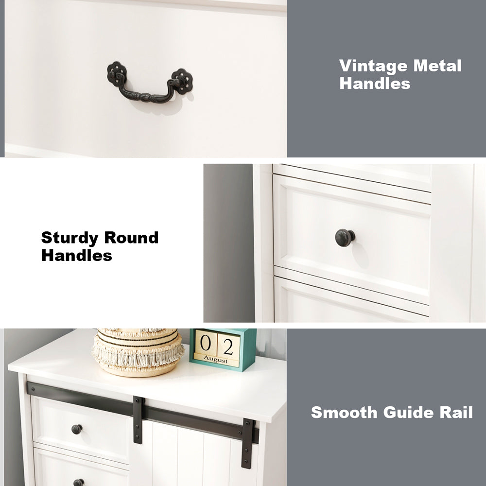 White Storage Cabinet with Sliding Door & 5 Drawers – Adjustable Shelf Dresser for Bedroom or Living Room