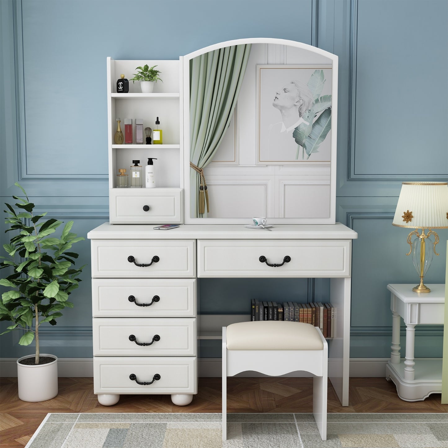 White Vanity Desk with Mirror & LED Lights – Makeup Table Set with 6 Drawers, Adjustable 3-Color Lighting & Storage Shelves