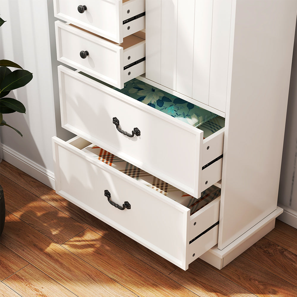 White Storage Cabinet with Sliding Door & 5 Drawers – Adjustable Shelf Dresser for Bedroom or Living Room