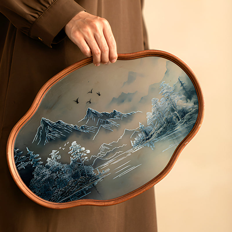 Retro-Style Bamboo & Glass Tray – Hand-Painted Landscape & Floral Design