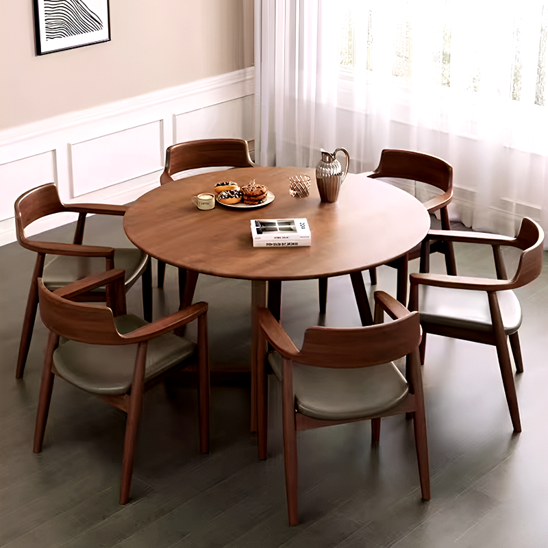 Solid Wood Round Dining Table – Walnut Finish, Modern Japanese Nordic Style