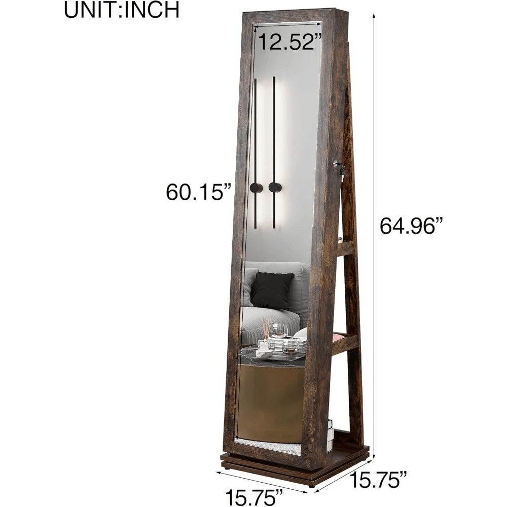 Full Length Mirror Jewelry Cabinet – 360° Swivel Standing Armoire with Storage, Shelves and Lock
