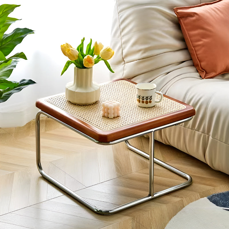 Nordic Nested Coffee Table Set – Solid Wood, Glass and Rattan with Stainless Steel Frame, Modern Antique Style