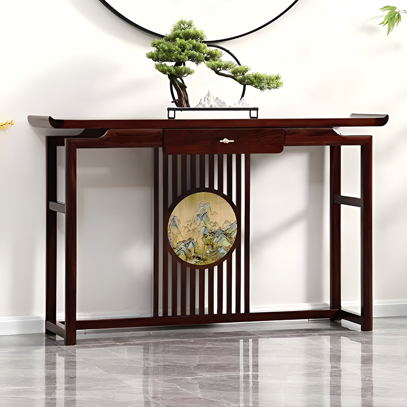African Black Walnut Entrance Console Table + Pair of Flower Stands – Solid Wood Entryway Table