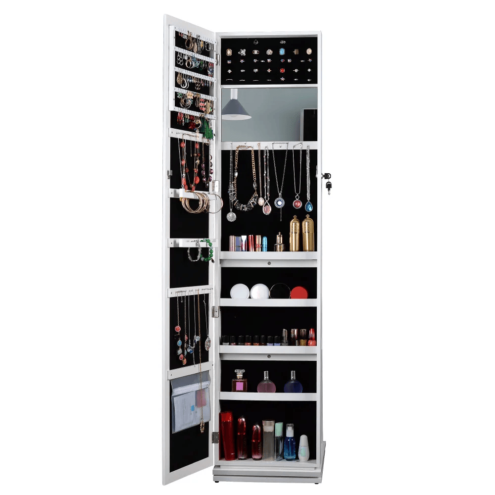 Full Length Mirror Jewelry Cabinet – 360° Swivel Standing Armoire with Storage, Shelves and Lock