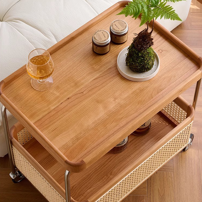 Solid Wood and Steel Mobile Serving Table – Rattan Trolley with Wheels for Dining Room and Living Room