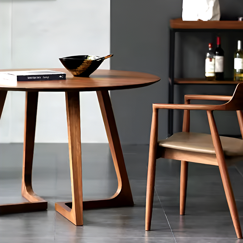 Solid Wood Round Dining Table – Walnut Finish, Modern Japanese Nordic Style