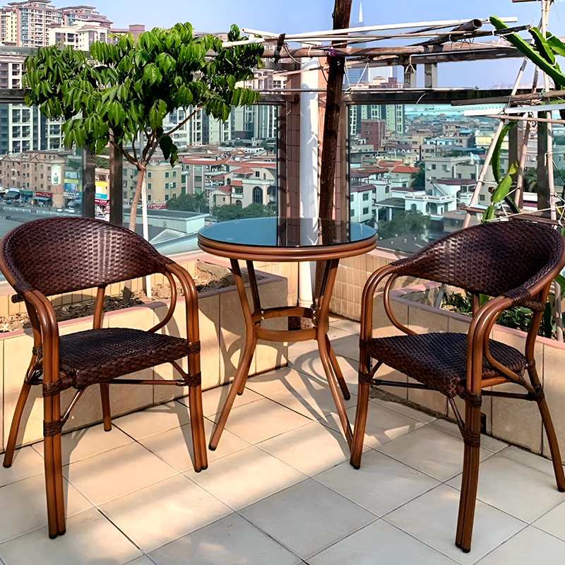 Outdoor Rattan Dining Set – French Island Style Patio Chairs & Waterproof Glass Table