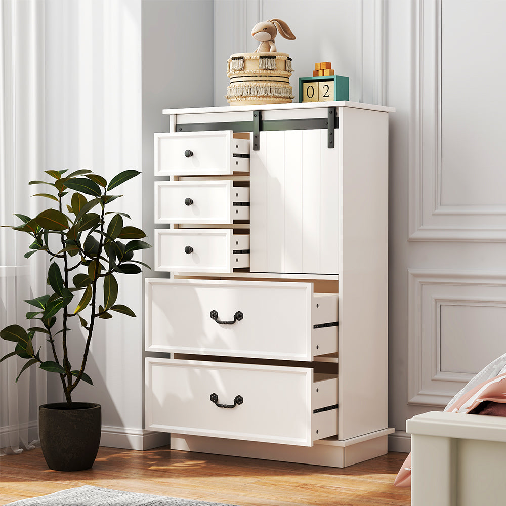 White Storage Cabinet with Sliding Door & 5 Drawers – Adjustable Shelf Dresser for Bedroom or Living Room