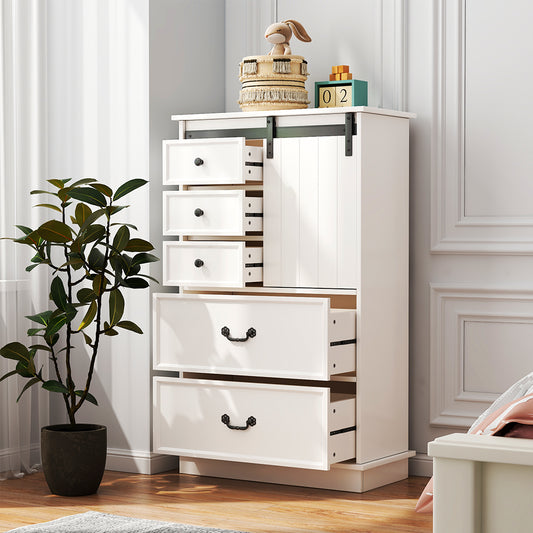 White Storage Cabinet with Sliding Door & 5 Drawers – Adjustable Shelf Dresser for Bedroom or Living Room